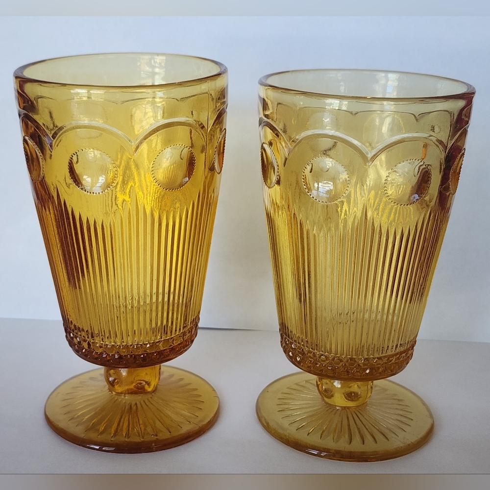 2 - Barlett Collins Glass Amber Thumbprint Bullseye Goblet 6" Tall